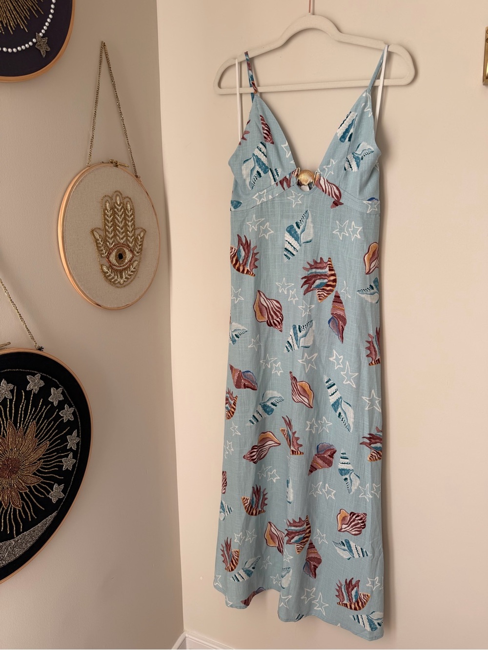Paper heart blue seashell linen blend maxi dress